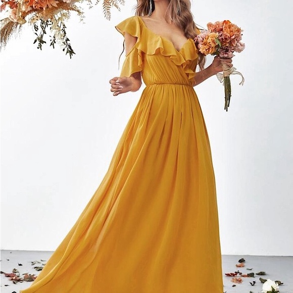 faeriesty Dresses & Skirts - Surplice Neck mustard Butterfly Sleeve Chiffon Dress size Small